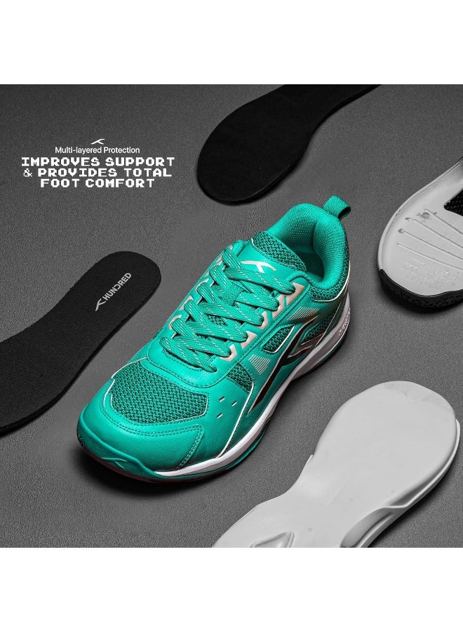 HUNDRED Raze Badminton Shoes (Non Marking) | Lightweight & Durable | X-Cushion, Active Grip Sole, Toe Assist(Turquoise/Black/Grey , 8Uk) - Image 2