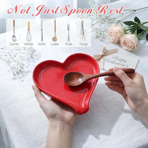 Remerry Mother's Day Heart Cute Spoon Rest for Kitchen Counter, 6 Inch Ceramic Utensil Tray for Stove Top, Coffee Teaspoon Holder & Organizer for Coffee Station & Bar, Teaspoon Holder(Red) - Image 4