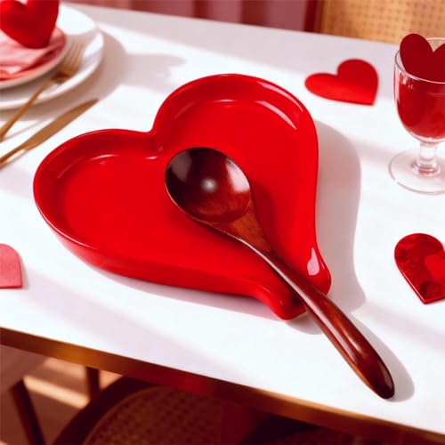 Remerry Mother's Day Heart Cute Spoon Rest for Kitchen Counter, 6 Inch Ceramic Utensil Tray for Stove Top, Coffee Teaspoon Holder & Organizer for Coffee Station & Bar, Teaspoon Holder(Red) - Image 1