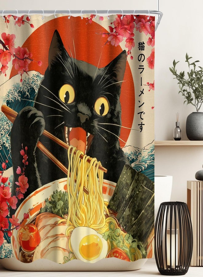 Cinbloo Black Cat 60Wx72H Shower Curtain Funny Japanese Anime Eat Noodles Vintage Cool Stunning Ocean Wave Sunset Theme Modern Unique Bathroom Curtain Set Cute Bath Bathroom Accessories Decor - Image 1