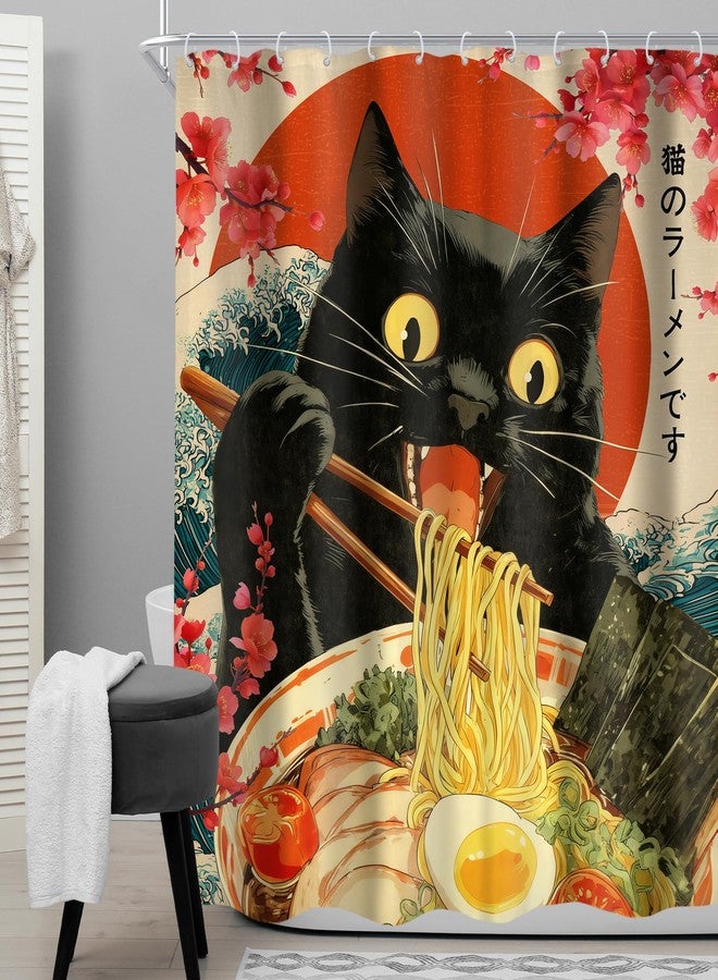Cinbloo Black Cat 60Wx72H Shower Curtain Funny Japanese Anime Eat Noodles Vintage Cool Stunning Ocean Wave Sunset Theme Modern Unique Bathroom Curtain Set Cute Bath Bathroom Accessories Decor - Image 2