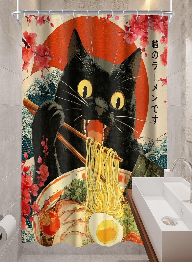 Cinbloo Black Cat 60Wx72H Shower Curtain Funny Japanese Anime Eat Noodles Vintage Cool Stunning Ocean Wave Sunset Theme Modern Unique Bathroom Curtain Set Cute Bath Bathroom Accessories Decor - Image 4