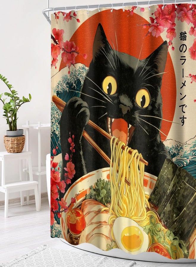 Cinbloo Black Cat 60Wx72H Shower Curtain Funny Japanese Anime Eat Noodles Vintage Cool Stunning Ocean Wave Sunset Theme Modern Unique Bathroom Curtain Set Cute Bath Bathroom Accessories Decor - Image 3
