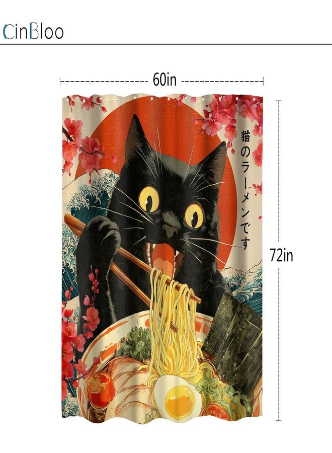 Cinbloo Black Cat 60Wx72H Shower Curtain Funny Japanese Anime Eat Noodles Vintage Cool Stunning Ocean Wave Sunset Theme Modern Unique Bathroom Curtain Set Cute Bath Bathroom Accessories Decor - Image 5