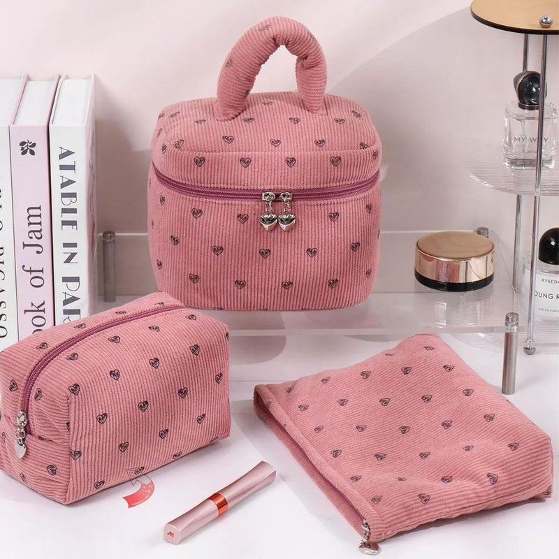 Makeup Bag with Heart Pattern, Multiple Compartments, Soft Texture, Durable Zipper (Pink, Pillow Bag) - Image 3