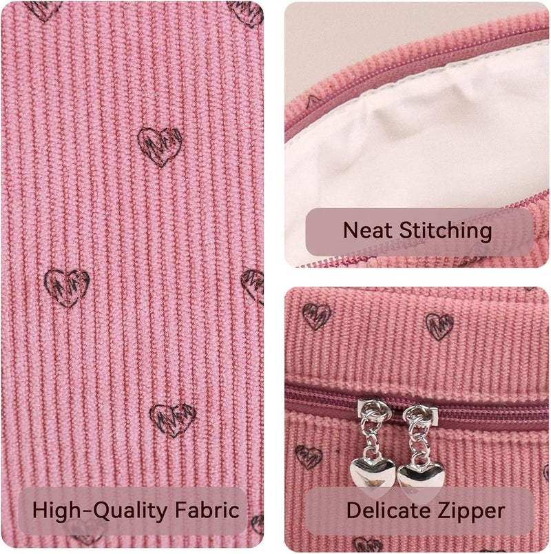 Makeup Bag with Heart Pattern, Multiple Compartments, Soft Texture, Durable Zipper (Pink, Pillow Bag) - Image 4