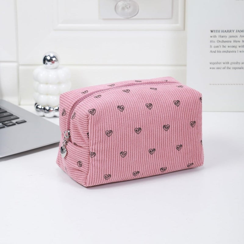 Makeup Bag with Heart Pattern, Multiple Compartments, Soft Texture, Durable Zipper (Pink, Pillow Bag) - Image 2