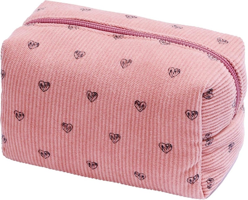 Makeup Bag with Heart Pattern, Multiple Compartments, Soft Texture, Durable Zipper (Pink, Pillow Bag) - Image 1