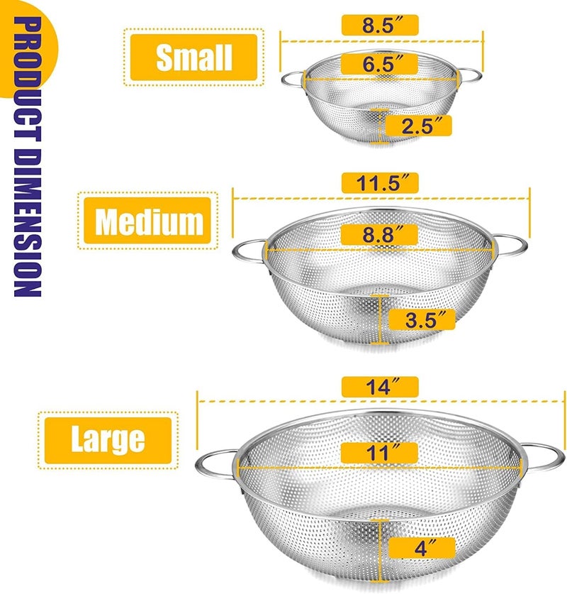 Olpad 3 Pcs Rice Bowl Strainer for Food Draining Rinsing Washing Bowl Colander Set with Heavy Duty Handles and Selfdraining Solid Ring Base Dishwasher Safe - Image 2