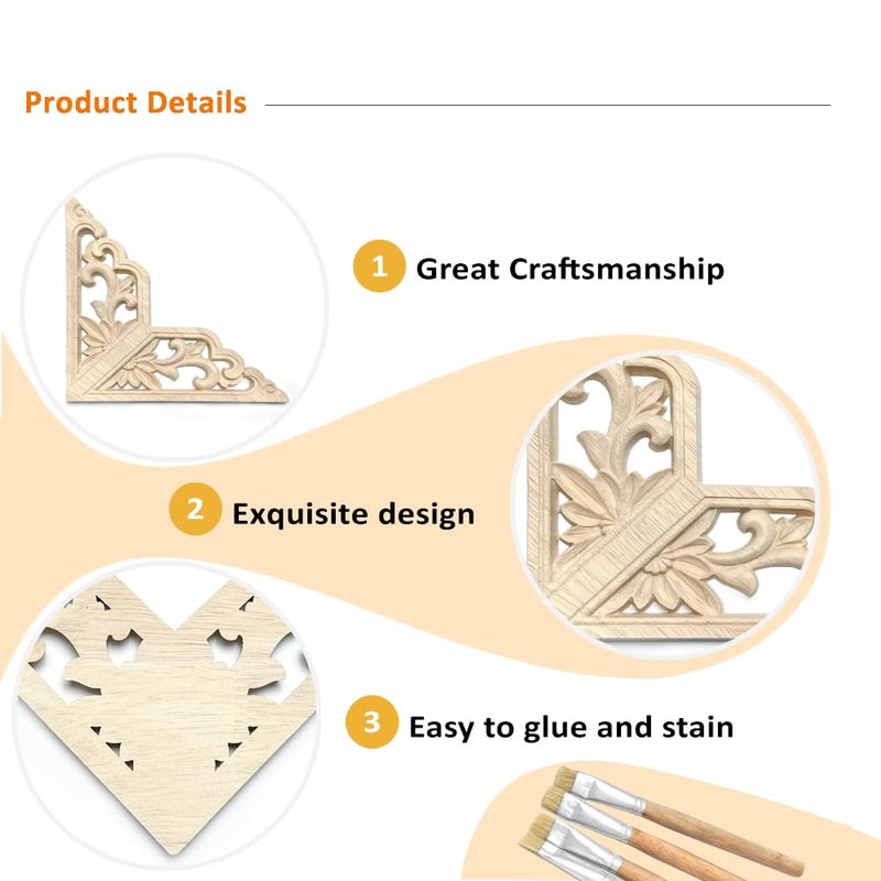 Aiminjey 20 Pcs Decorative Wood Flower Carved Appliques Corner Onlay DIY Unpainted Solid Wooden Carved Corner Decal for Furniture Wardrobe Mirror Photo Frame Closet Decoration (3.1inch-Retro) - Image 3