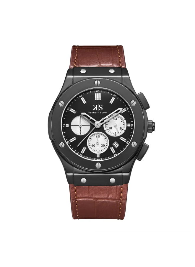 KENNETH SCOTT Men's Watch, Mult Function Display and Leather Strap - K24115-BLDB, Brown