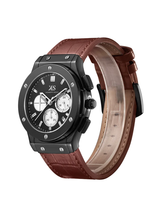 KENNETH SCOTT Men's Watch, Mult Function Display and Leather Strap - K24115-BLDB, Brown