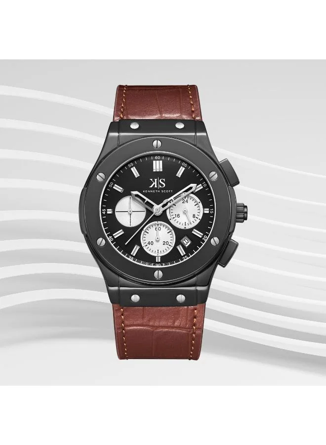 Kenneth Scott Black Men's Leather Multi Function Watch K24115-BLDB - 44 mm for Men | Best Price UAE