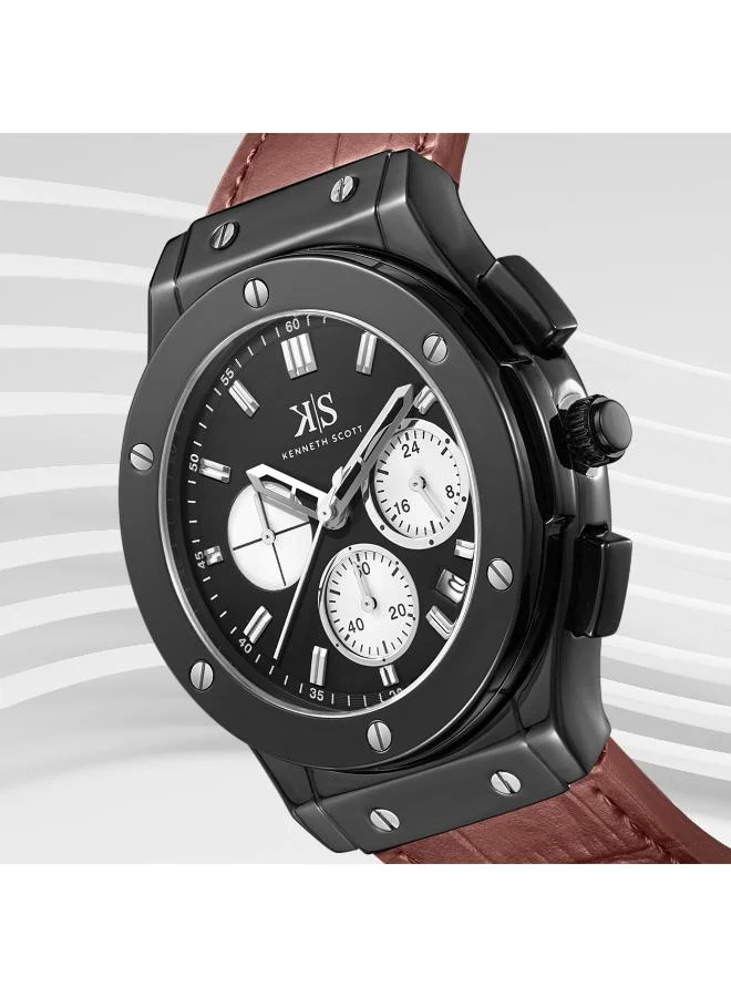 Kenneth Scott Black Men's Leather Multi Function Watch K24115-BLDB - 44 mm for Men | Best Price UAE