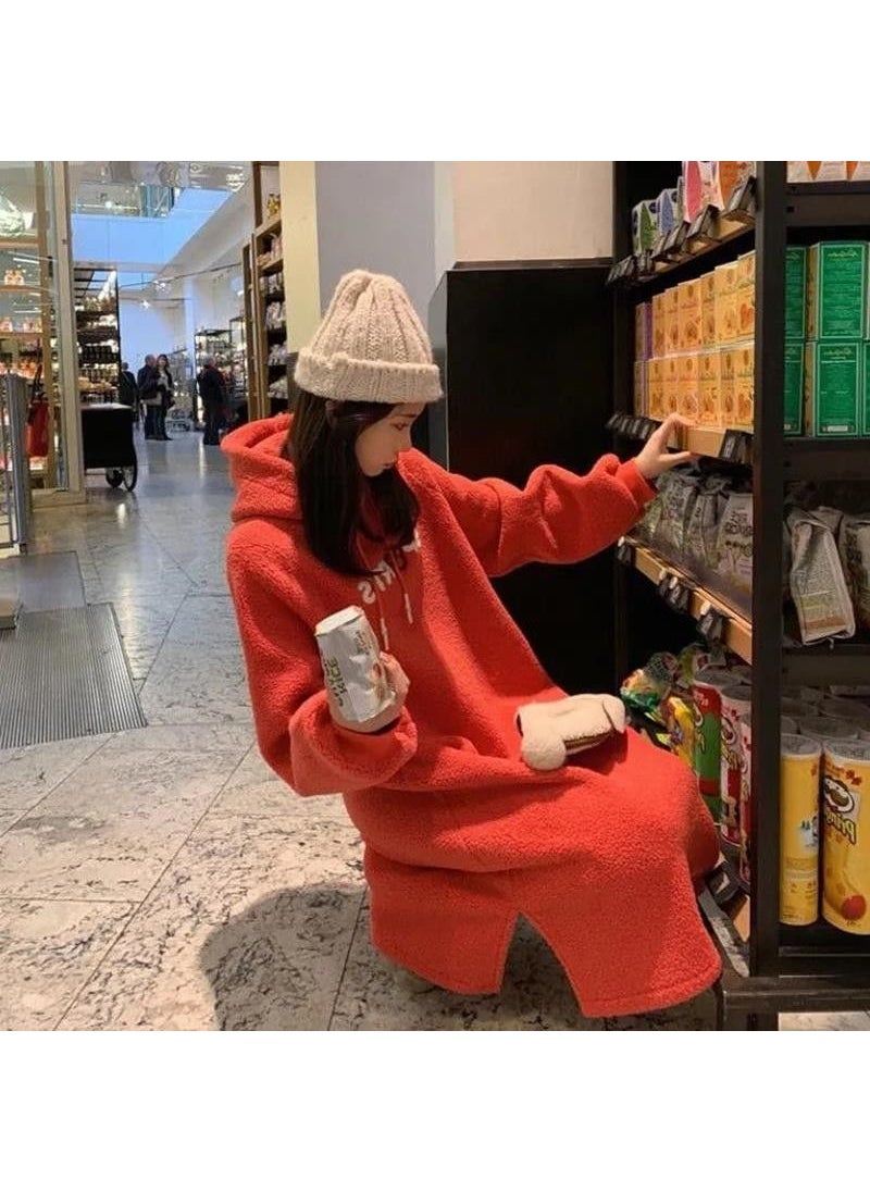 Generic - Street Style Long Sleeve Velvet Flocking Thickened Wool Hat Fashionable Trendy Mommy Dress Pregnant Women Autumn Winter Orange Red - Image 1