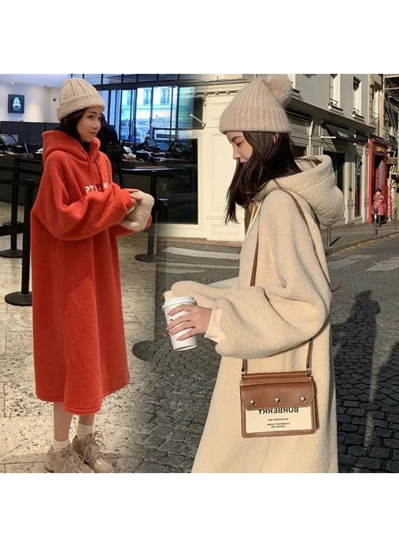 Generic - Street Style Long Sleeve Velvet Flocking Thickened Wool Hat Fashionable Trendy Mommy Dress Pregnant Women Autumn Winter Orange Red - Image 1