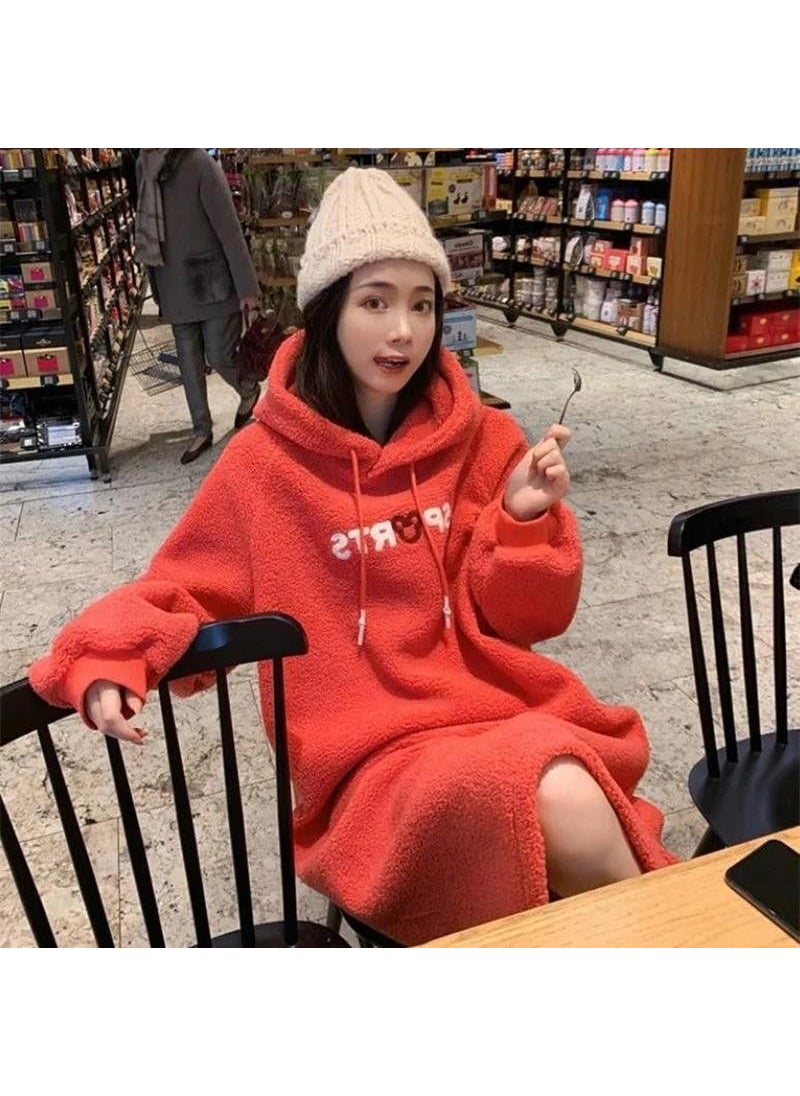 Generic - Street Style Long Sleeve Velvet Flocking Thickened Wool Hat Fashionable Trendy Mommy Dress Pregnant Women Autumn Winter Orange Red - Image 1