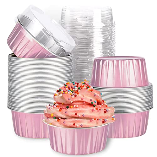 Mini Aluminum Foil Cupcake Baking Cups with Lids 40pcs 5oz Round Cupcake Foil Liners Tart Pie Tin Pan Holder  Disposable Mini Cake Containers Flan Molds for Pudding Souffle Party Wedding