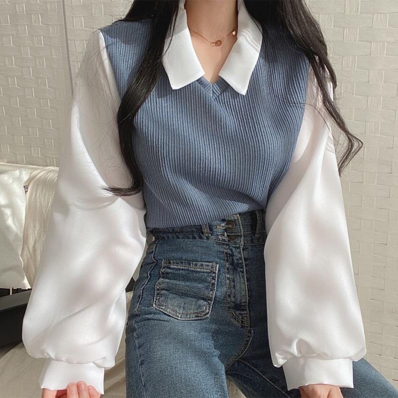 2024 plus size chubby girl Fake Two-piece T-shirt Women's Stitching POLO Collar Long-sleeved Sweatshirt Threaded Loose All-match Top Thin - Image 5