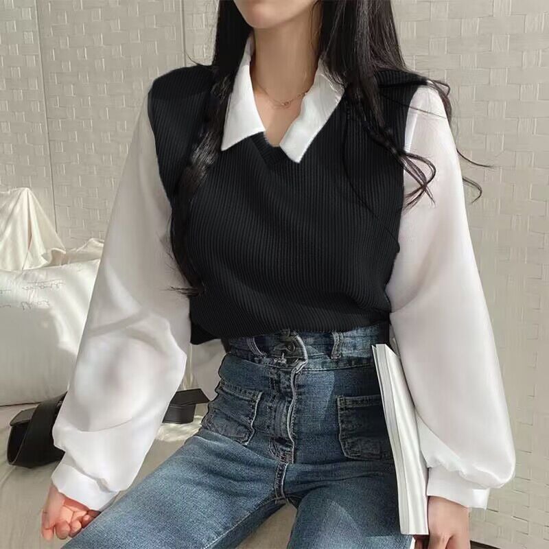2024 plus size chubby girl Fake Two-piece T-shirt Women's Stitching POLO Collar Long-sleeved Sweatshirt Threaded Loose All-match Top Thin - Image 3