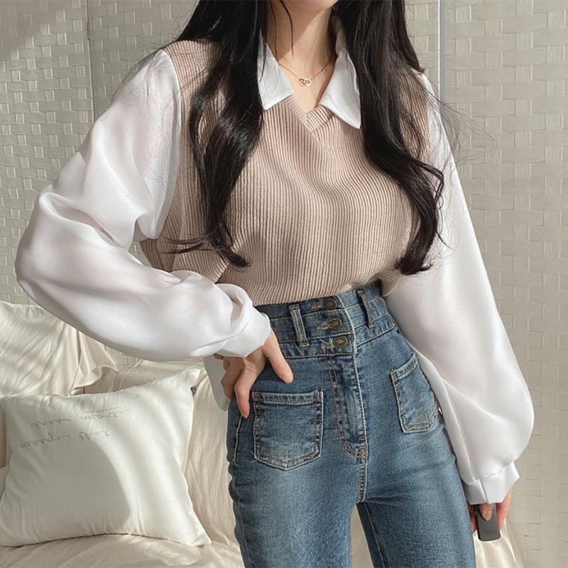 2024 plus size chubby girl Fake Two-piece T-shirt Women's Stitching POLO Collar Long-sleeved Sweatshirt Threaded Loose All-match Top Thin - Image 1
