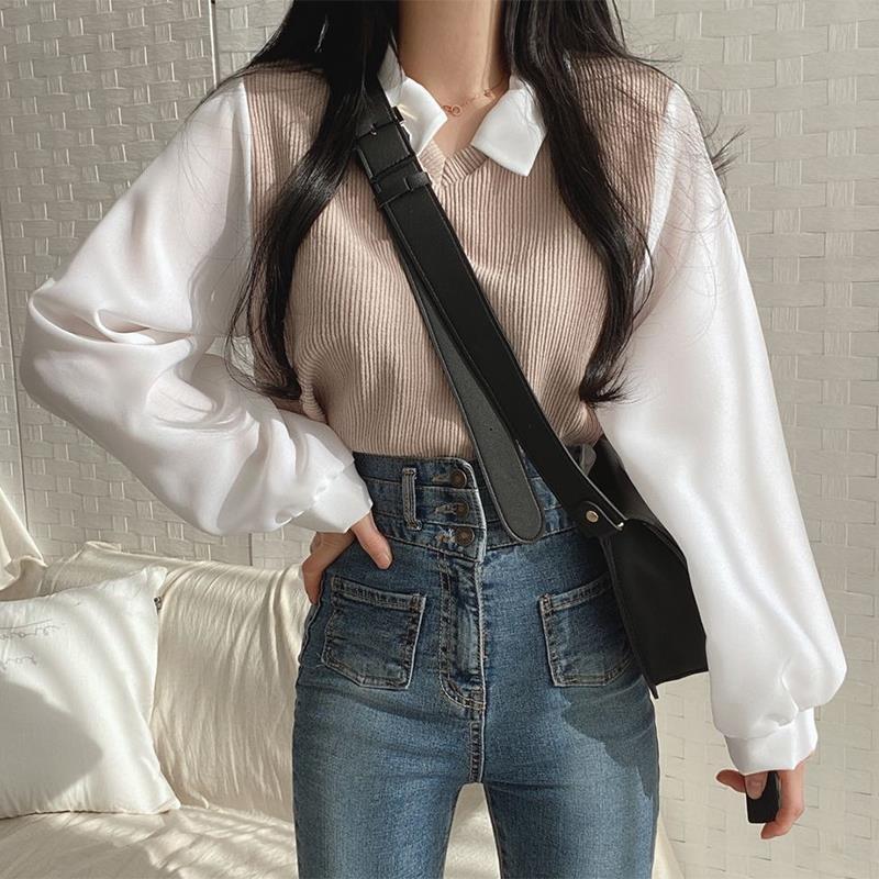 2024 plus size chubby girl Fake Two-piece T-shirt Women's Stitching POLO Collar Long-sleeved Sweatshirt Threaded Loose All-match Top Thin - Image 4