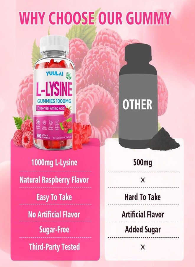 YUULAI Pack of 2 L-Lysine 1000mg Gummies for Adults & Kids, Essential Amino Acid Supplement for Lips & Oral Health, Boost Immune & Collagen & Calcium, Sugar-Free, Raspberry Flavor, 120 Count - Image 5