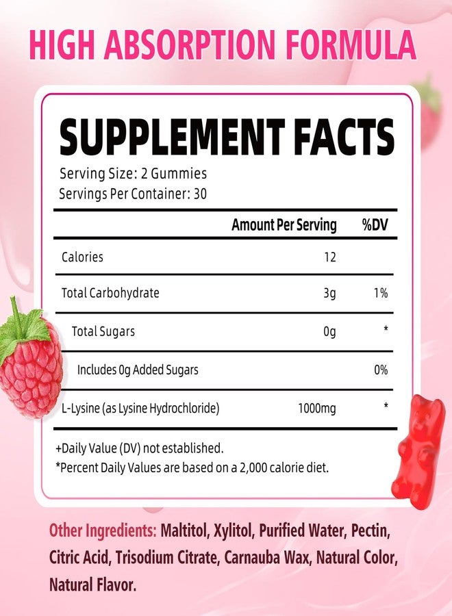 YUULAI Pack of 2 L-Lysine 1000mg Gummies for Adults & Kids, Essential Amino Acid Supplement for Lips & Oral Health, Boost Immune & Collagen & Calcium, Sugar-Free, Raspberry Flavor, 120 Count - Image 2