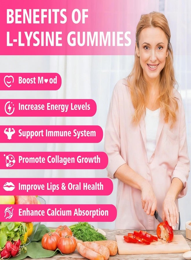 YUULAI Pack of 2 L-Lysine 1000mg Gummies for Adults & Kids, Essential Amino Acid Supplement for Lips & Oral Health, Boost Immune & Collagen & Calcium, Sugar-Free, Raspberry Flavor, 120 Count - Image 3