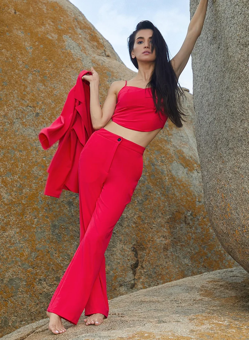 Women's Scarlet Red Solid 3-Piece Co-Ord Set For Casual Wear | Lapel Collar | Long Sleeve | Button Closure | Co-Ords Designed With Comfortable Fit For Woman & Girls