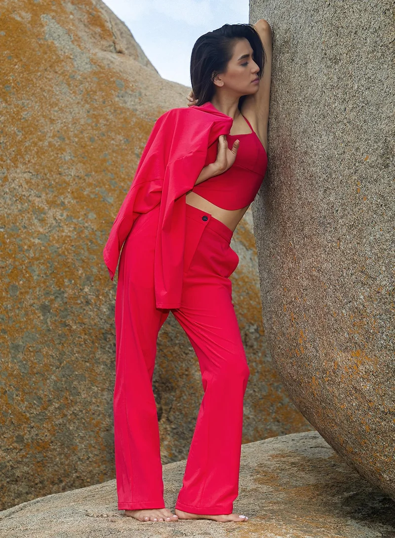 Pinacolada  Women's Scarlet Red Solid 3-Piece Co-Ord Set For Casual Wear | Lapel Collar | Long Sleeve | Button Closure | Co-Ords Designed With Comfortable Fit For Woman & Girls for Women | Best Price UAE