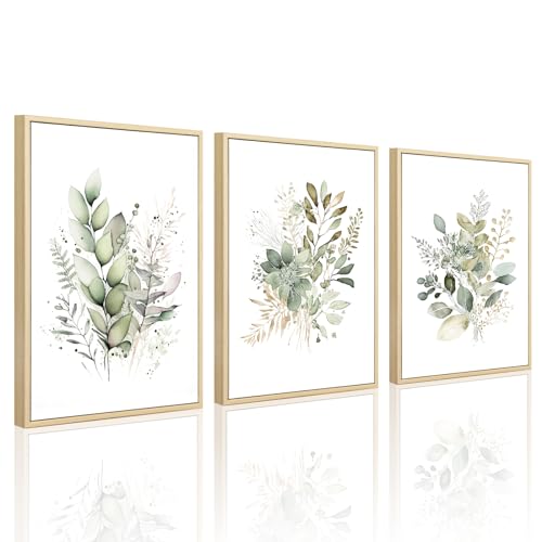 Joocrise Watercolor Botanical Wall Art Set of 3 Boho Floral Canvas Wall Decor Prints Sage Green Wildflower Wall Art Modern Flower Pictures Botanical Painting for Bedroom Bathroom 12x16 Inch Framed - Image 1