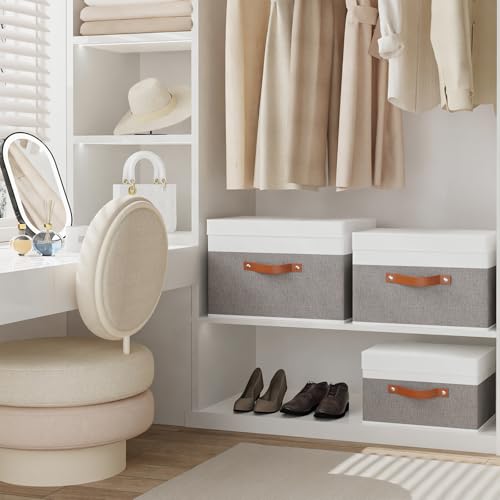 YheenLf Fabric Storage Bin, Storage Basket with Lids, Closet Organizer Box with Handles for Shoes Books Towels, White and Grey, 1 Pack, 13 x 9.1 x 7.9 Inch - Image 4