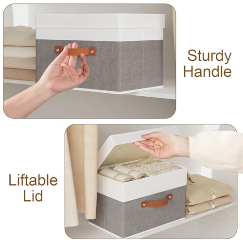 YheenLf Fabric Storage Bin, Storage Basket with Lids, Closet Organizer Box with Handles for Shoes Books Towels, White and Grey, 1 Pack, 13 x 9.1 x 7.9 Inch - Image 5