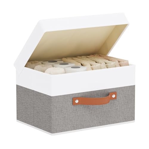 YheenLf Fabric Storage Bin, Storage Basket with Lids, Closet Organizer Box with Handles for Shoes Books Towels, White and Grey, 1 Pack, 13 x 9.1 x 7.9 Inch - Image 1