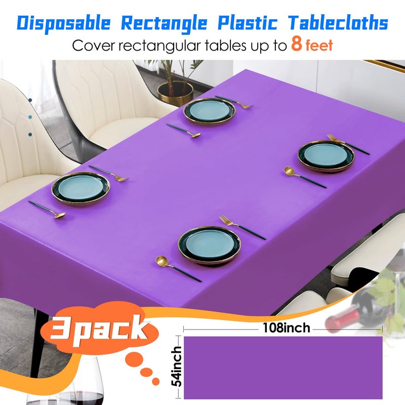 YSYJ 3 Pack Purple Plastic Tablecloth Disposable Rectangular Table Cloth 54 x 108 Inch Table Cover for Parties - Image 2