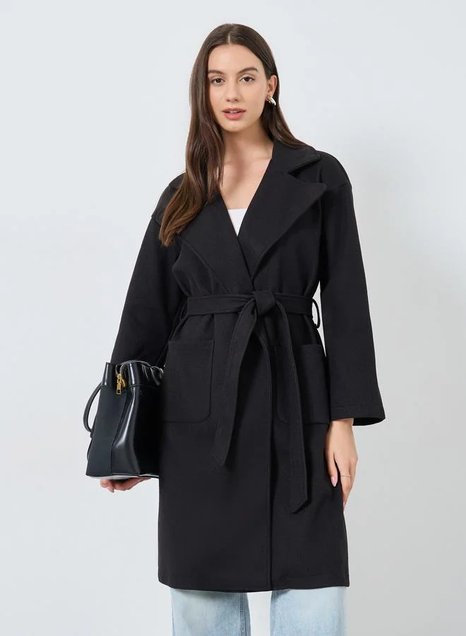 تايك تو معطف ميدي أسود بقصة عادية يشبه الصوف