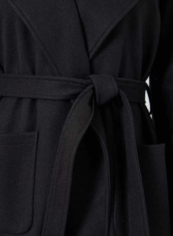 تايك تو معطف ميدي أسود بقصة عادية يشبه الصوف