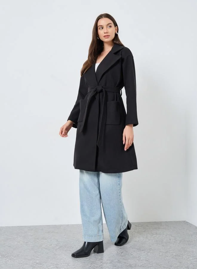 تايك تو معطف ميدي أسود بقصة عادية يشبه الصوف