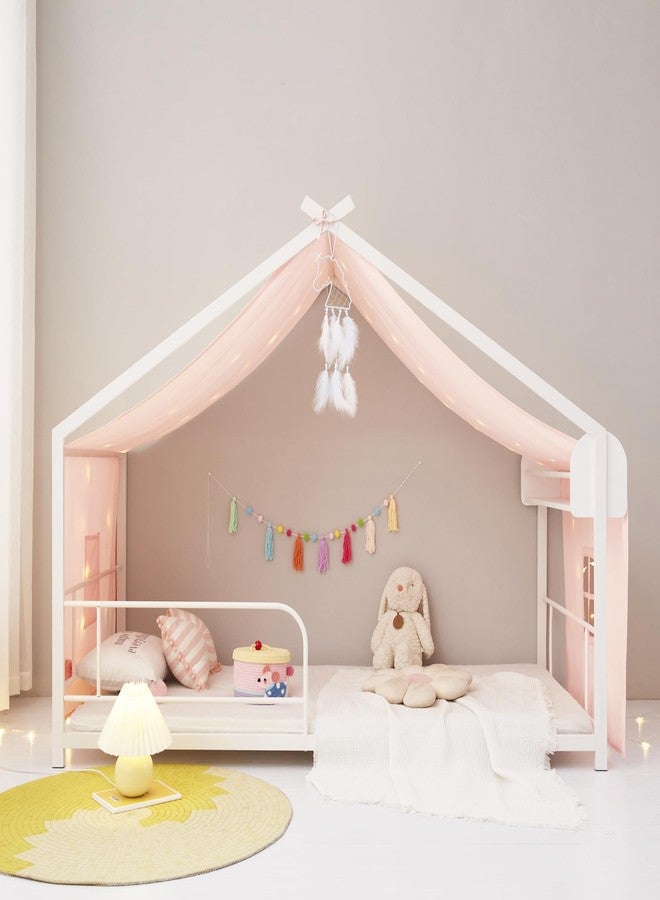 Mengersi Bed Canopy House Canopy Bed Curtains with Lights,Montessori House Bed Metal Floor Bed Canopy for Girls Boys,Fit for Twin Full Queen Bed Decorations (Beige Pink) - Image 4