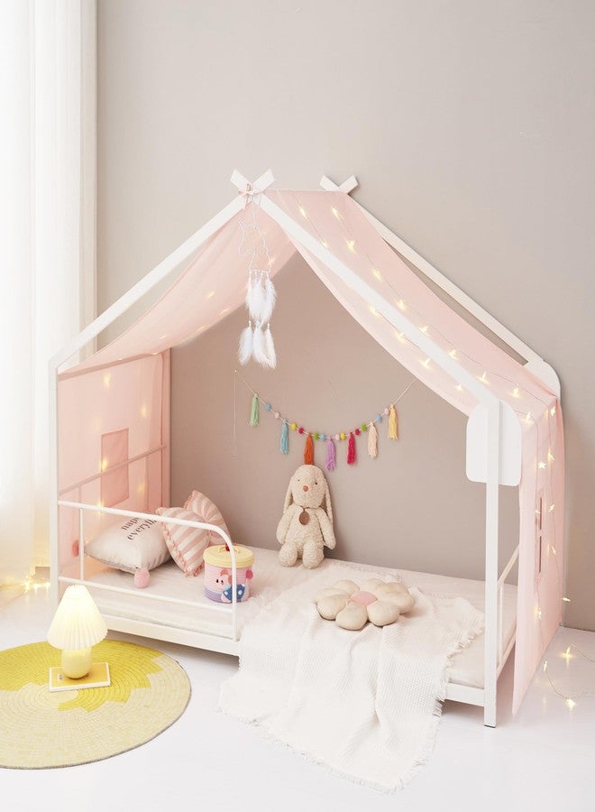 Mengersi Bed Canopy House Canopy Bed Curtains with Lights,Montessori House Bed Metal Floor Bed Canopy for Girls Boys,Fit for Twin Full Queen Bed Decorations (Beige Pink) - Image 3