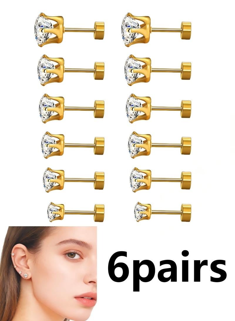 Stud Earrings 6 Pairs Hoop Earrings Set Women Girls, Stainless Steel Piercing Jewelry 6 Size AAA Zircon With Round Cake Ear Stud Earrings 4-Claw Grab Zircon Ear Bone Stud (Gold) - Image 1
