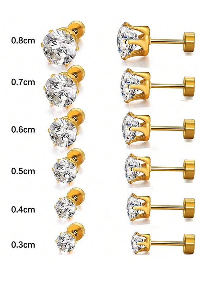 Stud Earrings 6 Pairs Hoop Earrings Set Women Girls, Stainless Steel Piercing Jewelry 6 Size AAA Zircon With Round Cake Ear Stud Earrings 4-Claw Grab Zircon Ear Bone Stud (Gold) - Image 4