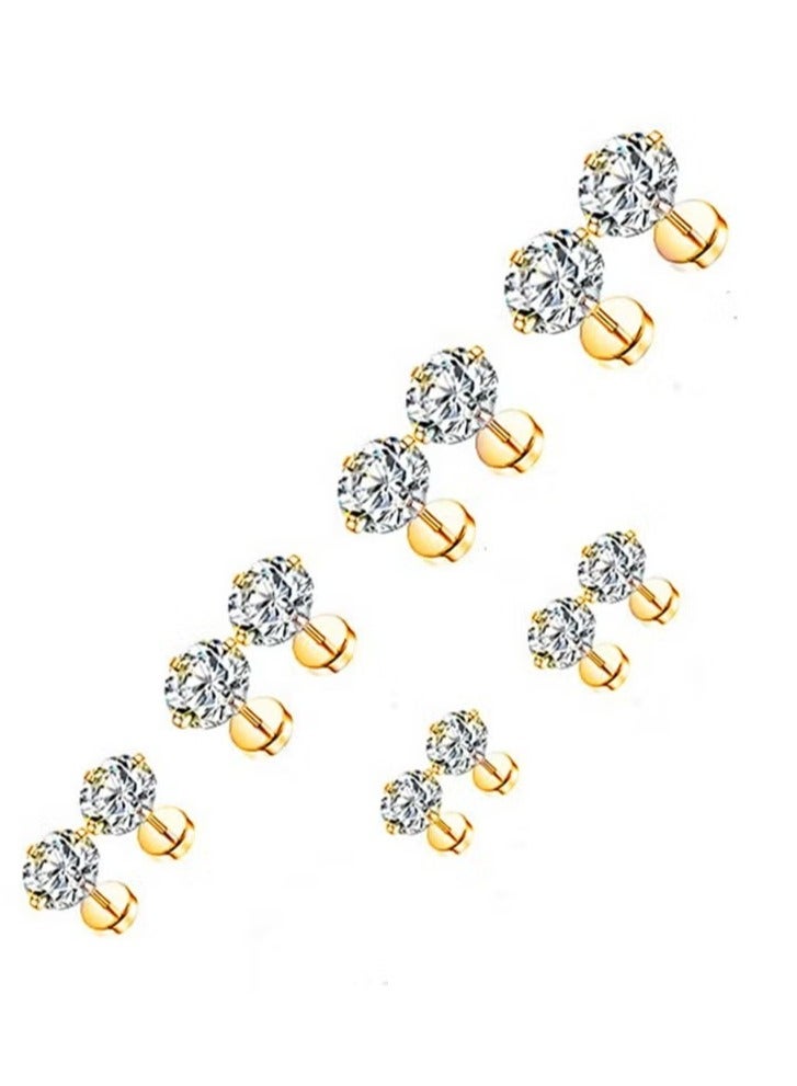 Stud Earrings 6 Pairs Hoop Earrings Set Women Girls, Stainless Steel Piercing Jewelry 6 Size AAA Zircon With Round Cake Ear Stud Earrings 4-Claw Grab Zircon Ear Bone Stud (Gold) - Image 2