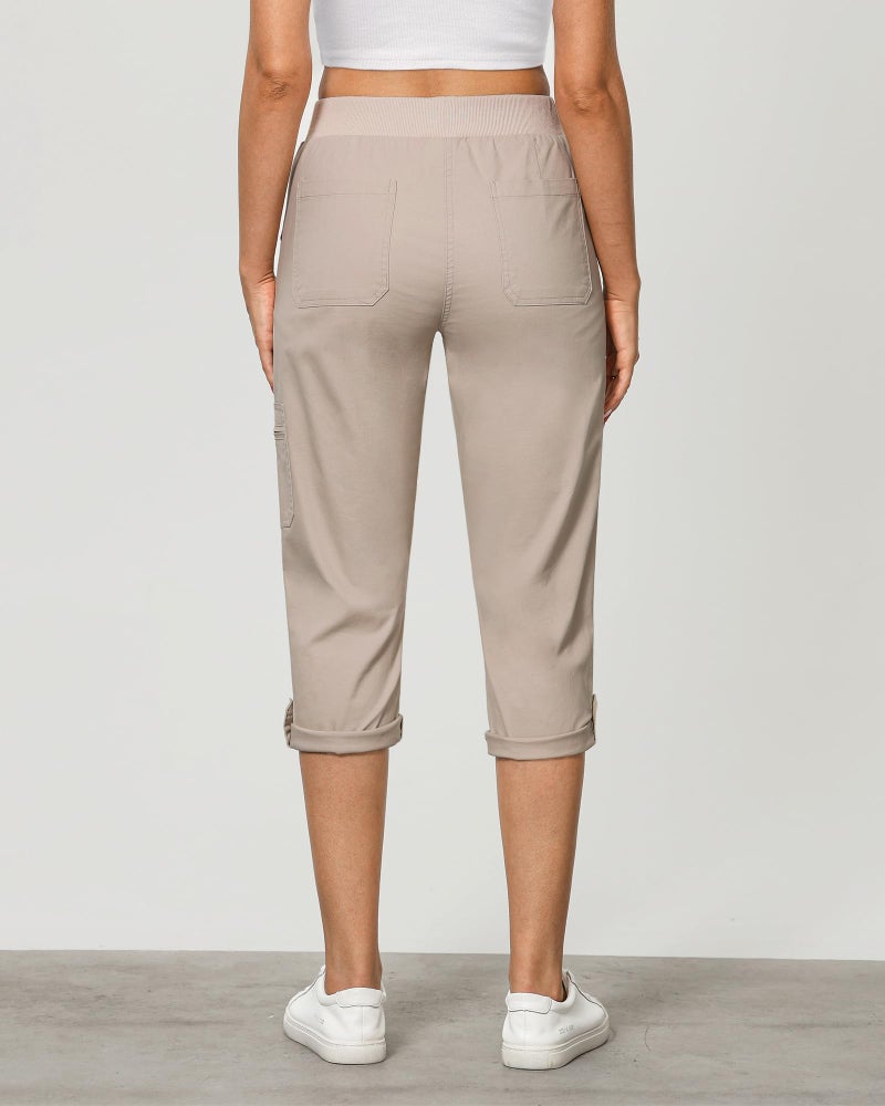 GRAPENT Women Pants Casual Lightweight Pants Women Cargo Capris for Women with Pockets Comfy Pants Women Women's Trousers Cropped Cargos with Zipped Pockets Color Light Taupe Large Size 12 to 14 - Image 3