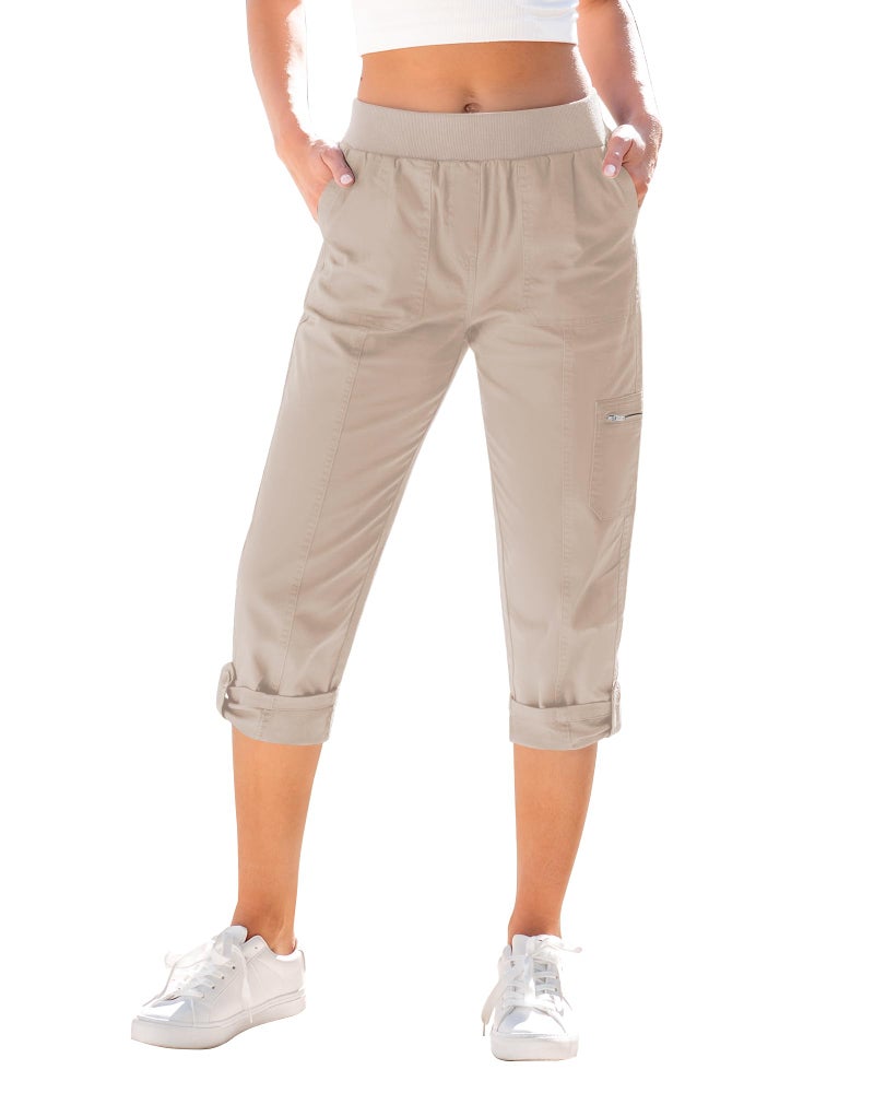 GRAPENT Women Pants Casual Lightweight Pants Women Cargo Capris for Women with Pockets Comfy Pants Women Women's Trousers Cropped Cargos with Zipped Pockets Color Light Taupe Large Size 12 to 14 - Image 1