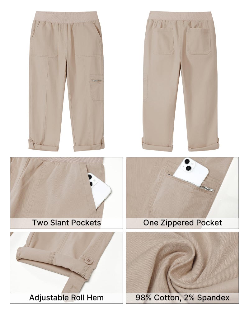 GRAPENT Women Pants Casual Lightweight Pants Women Cargo Capris for Women with Pockets Comfy Pants Women Women's Trousers Cropped Cargos with Zipped Pockets Color Light Taupe Large Size 12 to 14 - Image 5