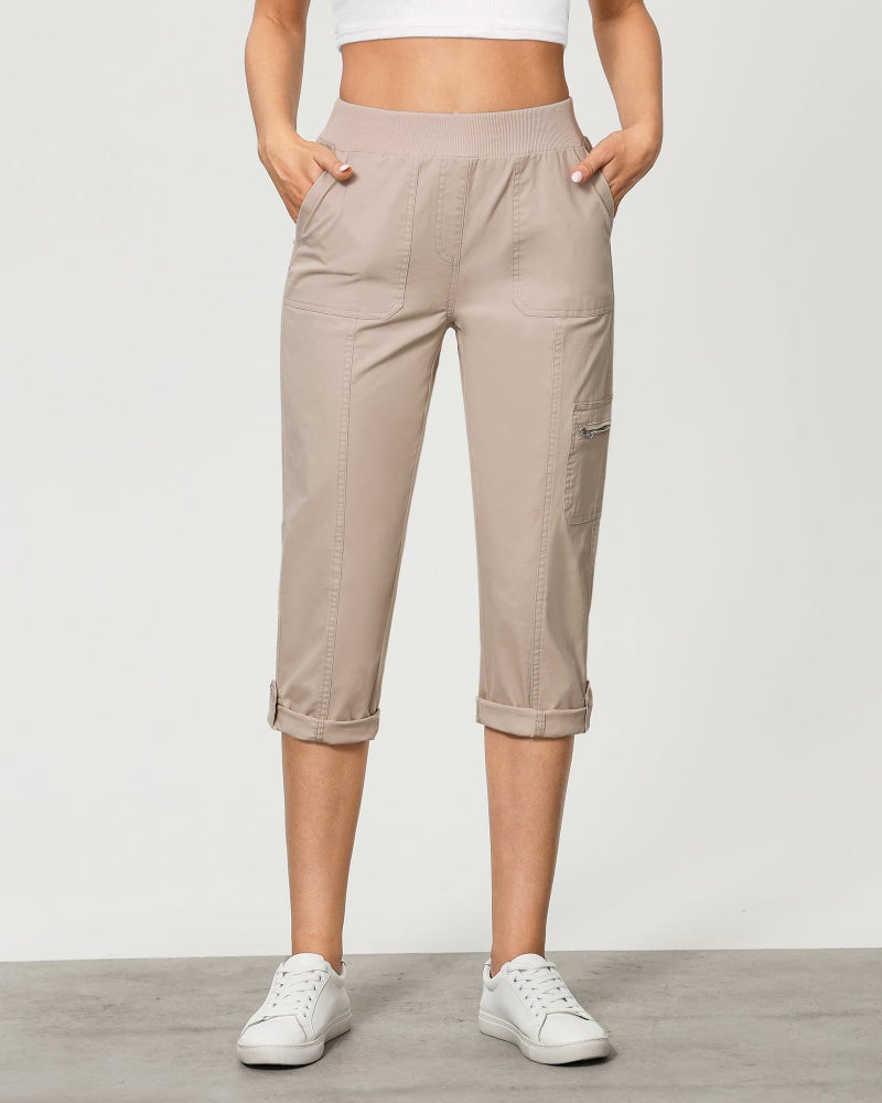GRAPENT Women Pants Casual Lightweight Pants Women Cargo Capris for Women with Pockets Comfy Pants Women Women's Trousers Cropped Cargos with Zipped Pockets Color Light Taupe Large Size 12 to 14 - Image 2