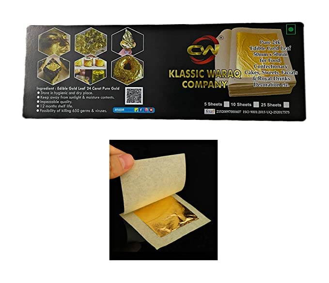 Klassic Waraq Company ورق كلاسيك شركة ورق الذهب القابل للأكل 24 قيراط نوع فضفاض 05 ورقات 50 مم × 50 مم 2 × 2 بوصة ورق فضة قابل للأكل 15 قطعة شندي ورق 5 × 3 بوصة أوراق الذهب القابل للأكل 2 × 2 لتزيين الكعك - Image 2