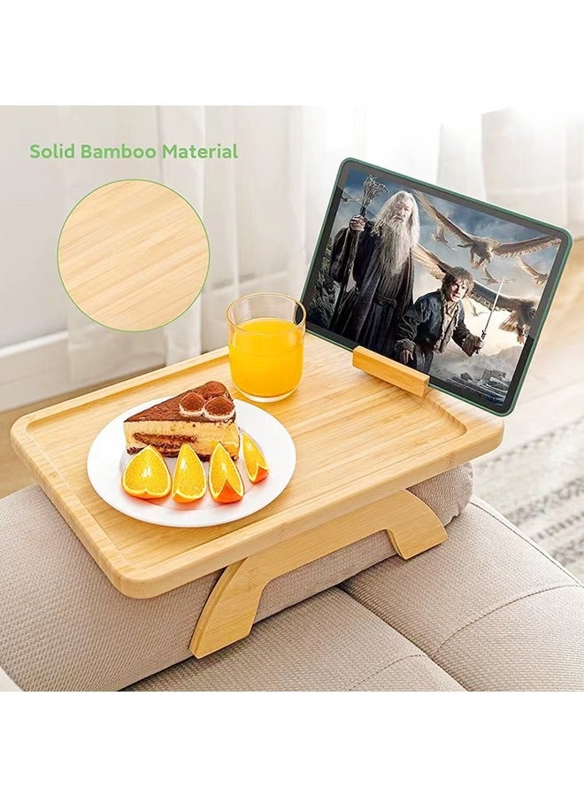 fashionhome Multipurpose Use Bamboo Couch Arm Table for Wide Couches Foldable Sofa Tray With 360° Rotating Phone Holder Portable Armrest Serving Tray Table for Eating and Drinking 15.3x9.8 Inch  - Image 3